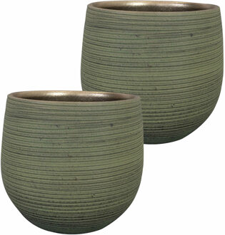 Ter Steege 2x stuks plantenpot/bloempot keramiek donkergroen stripes relief - D26/H25 cm - Plantenpotten