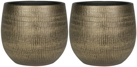 Ter Steege 2x stuks plantenpotten/bloempotten in een strakke Modern design look metal goud Dia 22 cm en Hoogte