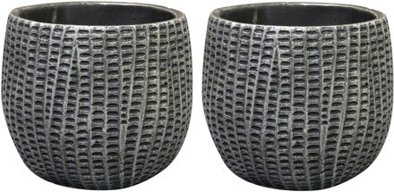 Ter Steege Bloempot/plantenpot - 2x - binnen - zwart/metaal look - D15 en H13 cm - cement