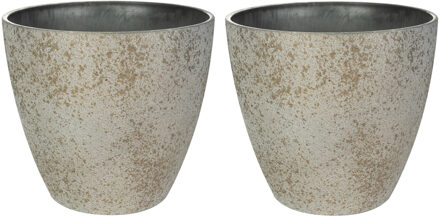 Ter Steege Bloempot/plantenpot - 2x - buiten - beige/goud - D29 en H22 cm - kunststof/steenmix - Plantenpotten Goudkleurig