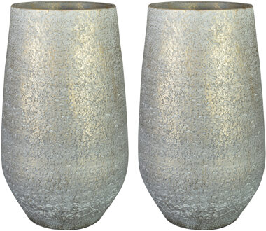 Ter Steege Bloempot/plantenpot 2x - hoog model - metallic zilvergrijs/goud - D23 en H36 cm - keramiek