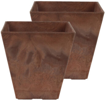 Ter Steege Bloempot/plantenpot - 2x - vierkant - gerecycled kunststof - terra bruin - D15 en H15 cm