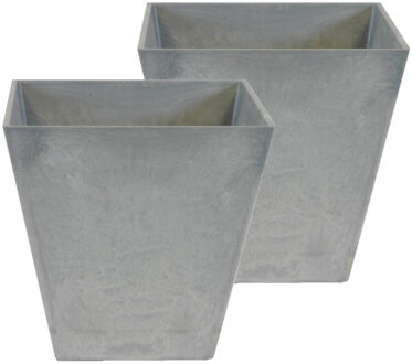 Ter Steege Bloempot/plantenpot - Set van 2x stuks - vierkant - gerecycled kunststof - steengrijs - D20 en H20 c