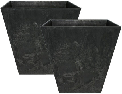 Ter Steege Bloempot/plantenpot - Set van 2x stuks - vierkant - gerecycled kunststof - zwart - D15 en H15 cm