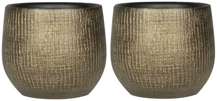 Ter Steege Plantenpot - 2x stuks - keramiek - goud - metaal look - 15 x 13 cm