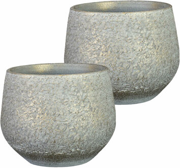 Ter Steege Plantenpot - 2x stuks - keramiek - metallic zilvergrijs/gold finish - 16x13cm