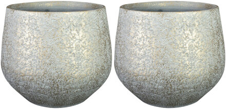 Ter Steege Plantenpot - 2x stuks - keramiek - metallic zilvergrijs/gold finish -23x20cm