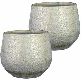 Ter Steege Plantenpot/bloempot - 2x stuks - keramiek - metallic zilvergrijs - touch of gold - D19/H1