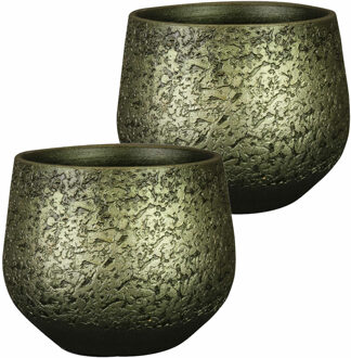 Ter Steege Plantenpot/bloempot keramiek metallic donkergroen/gold finish - 2x stuks - D16/H13 cm