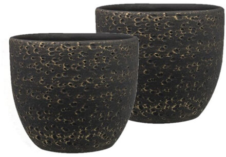 Ter Steege Plantenpot/Bloempot Lava Stone - Set van 2x stuks - zwart - D36 x H32 cm - binnen