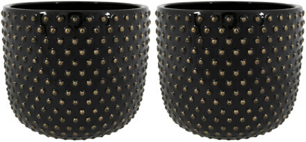 Ter Steege Plantenpot/bloempot Luxery Spike - 2x - keramiek - zwart - Bolletjes motief - D15 x H13 cm