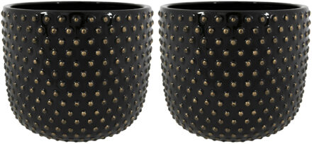 Ter Steege Plantenpot/bloempot Luxery Spike - 2x - keramiek - zwart - Bolletjes motief - D18 x H15 cm