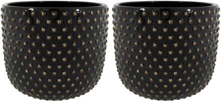 Ter Steege Plantenpot/bloempot Luxery Spike - 2x - keramiek - zwart - Bolletjes motief - D24 x H21 cm