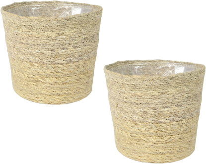 Ter Steege Plantenpot - Set van 2x stuks - beige - gevlochten zeegras - 26 x 23 cm - plastic binnenk