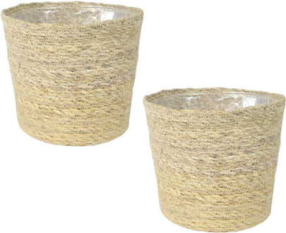 Ter Steege Plantenpot - Set van 2x stuks - beige - gevlochten zeegras - 30 x 26 cm - plastic binnenk