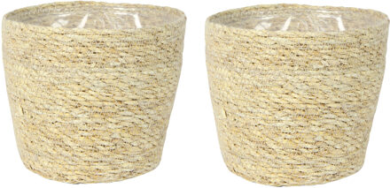 Ter Steege Plantenpot - Set van 4x stuks - beige - gevlochten zeegras - 18 x 16 cm - plastic binnenk