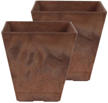 Ter Steege Set van 2x stuks bloempot/plantenpot vierkant van gerecycled kunststof terra bruin D20 en H20 cm - Plantenbakken