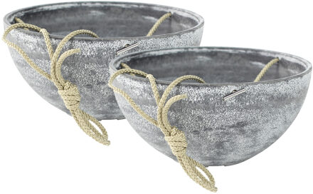Ter Steege Set van 2x stuks hangende bloempot/plantenpot schalen van gerecycled kunststof betongrijs D35 en H17 - Plantenpotten