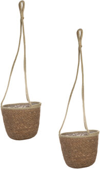 Ter Steege Set van 2x stuks hangende plantenpot/bloempot van jute/zeegras dia 19 cm en hoogte 17 cm camel bruin