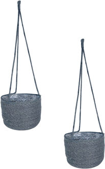Ter Steege Set van 2x stuks hangende plantenpot/bloempot van jute/zeegras diameter 17 cm en hoogte 14 cm grijs