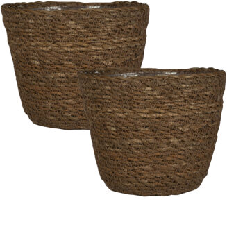 Ter Steege Set van 2x stuks plantenpot/bloempot van jute/zeegras diameter 15 cm en hoogte 12 cm camel bruin - Plantenpotten