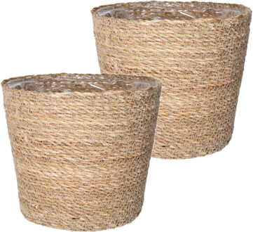 Ter Steege Set van 2x stuks plantenpot/bloempot van jute/zeegras diameter 22 cm en hoogte 19 cm creme beige - Plantenpotten