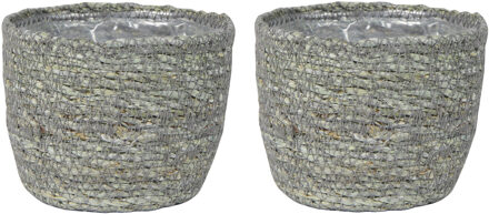 Ter Steege Set van 4x stuks plantenpot/bloempot van jute/zeegras diameter 13 cm en hoogte 10 cm ijsblauw/grijs