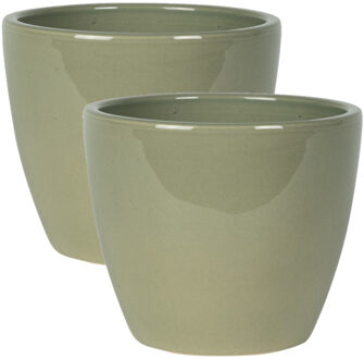 Ter Steege Steege Bloempot - 2x stuks - groen - Scandinavische look - glanzend - keramiek - 16 x 13 cm