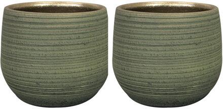 Ter Steege Steege Plantenpot - 2x - keramiek - donkergroen - stripes - D15xH13 cm