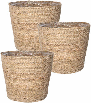 Ter Steege Steege Plantenpot - Set van 3x stuks - beige - gevlochten zeegras - D22 x H19 cm - plastic binnenkan