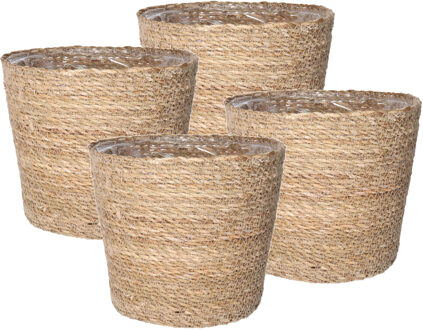 Ter Steege Steege Plantenpot - Set van 4x stuks - beige - gevlochten zeegras - D22 x H19 cm - plastic binnenkan