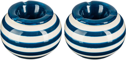 Terras asbak/stormasbak - 2x - rond - keramiek - 12 x 8 cm - blauw/wit - Buiten asbakken