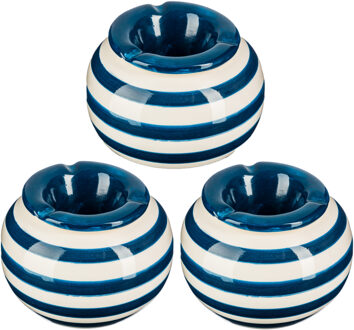 Terras asbak/stormasbak - 3x - rond - keramiek - 12 x 8 cm - blauw/wit - Buiten asbakken