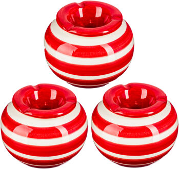Terras asbak/stormasbak - 3x - rond - keramiek - 12 x 8 cm - rood/wit - Buiten asbakken