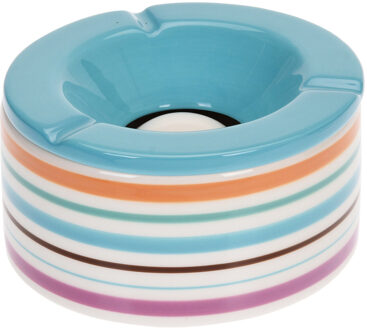 Terras asbak/stormasbak - blauw met streep - 14 x 7,5 cm - keramiek - buitenasbak