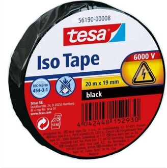 tesa 1x Tesa isolatie tape op rol zwart 20 mtr x 1,9 cm - Tape (klussen)