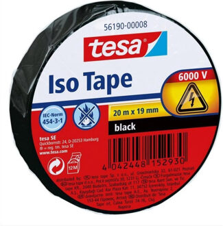 tesa 2x Tesa isolatietape rol zwart 20 mtr x 1,9 cm - Klusbenodigdheden - Isolatie tape - Universele tape - Elektriciteitskabels/draden bundelen