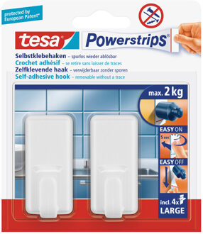 tesa Powerstrips haken - 2x - large - kunststof - wit - verwijderbaar