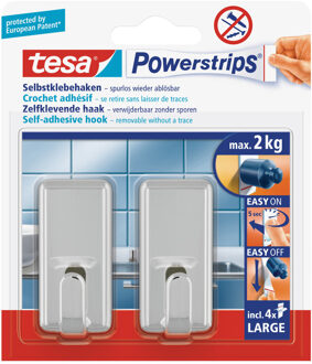 tesa Powerstrips ophang haken - 2x - zilver - kunststof - 2 kg - voor tegels en glas