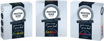 Test Pakket 3 Condooms Alle maten (9 condooms) Transparant - 47 (omtrek tot 10 cm), 49 (omtrek 10-11 cm), 53 (omtrek 11-11,5 cm), 56 (omtrek 11,5-12 cm), 60 (omtrek 12-13 cm), 64 (omtrek 13-14 cm), 69 (omtrek > 14 cm)