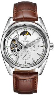 TEVISE Men Watch Tourbillon Automatic Leather Strap Watches Luxury Moon Phase Mechanical Waterproof Watch Hollow Out Dial
