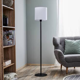 Textiel vloerlamp Harris, voet zwart, kap wit zwart, wit