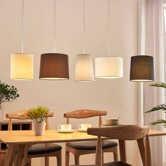 Textiele hanglamp Hermina, 5.lamps wit, bruin, grijs, beige, zwart, gesatineerd nikkel