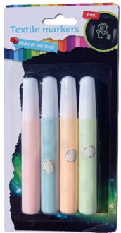 Textielstiften Glow in the dark - 4x stuks - knijpstiften - 4 kleuren - hobby/knutselen Multi