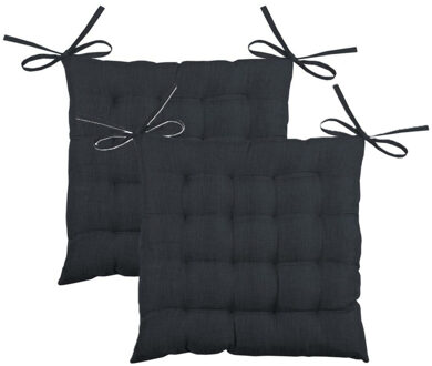 Textile stoelkussen BEA - 2x - antraciet - 40 x 40 x 4 cm - touwtjes sluiting - binnen/buiten