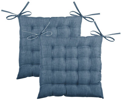 Textile stoelkussen BEA - 2x - blauw - 40 x 40 x 4 cm - touwtjes sluiting - binnen/buiten
