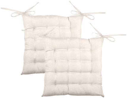 Textile stoelkussen BEA - 2x - gebroken wit - 40 x 40 x 4 cm - touwtjes sluiting - binnen/buite