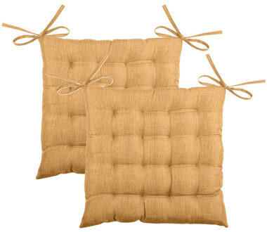Textile stoelkussen BEA - 2x - okergeel - 40 x 40 x 4 cm - touwtjes sluiting - binnen/buiten