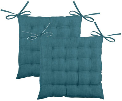 Textile stoelkussen BEA - 2x - petrol blauw - 40 x 40 x 4 cm - touwtjes sluiting - binnen/buite