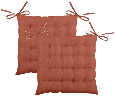 Textile stoelkussen BEA - 2x - terracotta - 40 x 40 x 4 cm - touwtjes sluiting - binnen/buiten